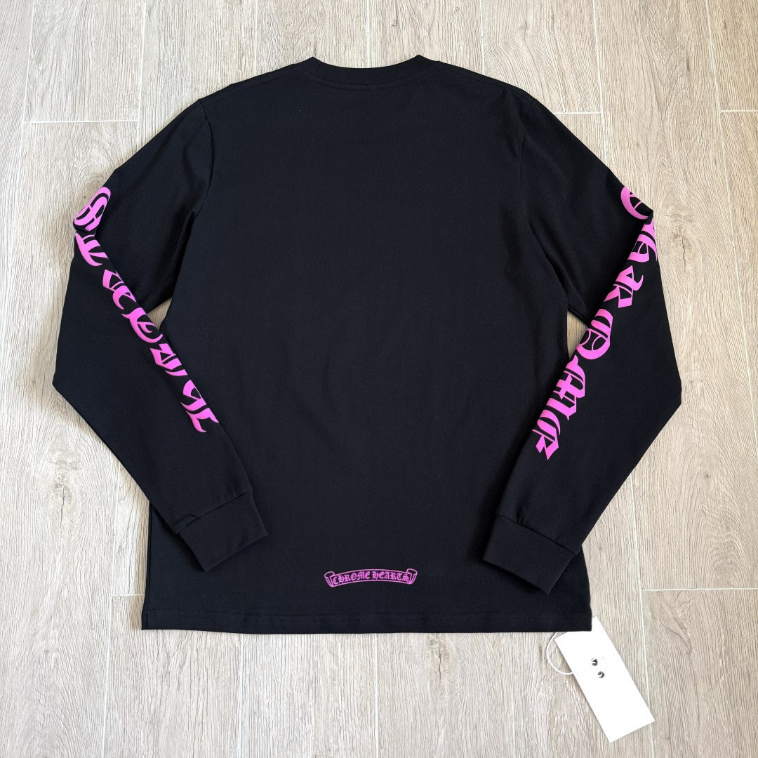 Chrome Hearts 克罗心 领口玫红长袖卫衣 T恤 套头 黑色 A5 CHS-571