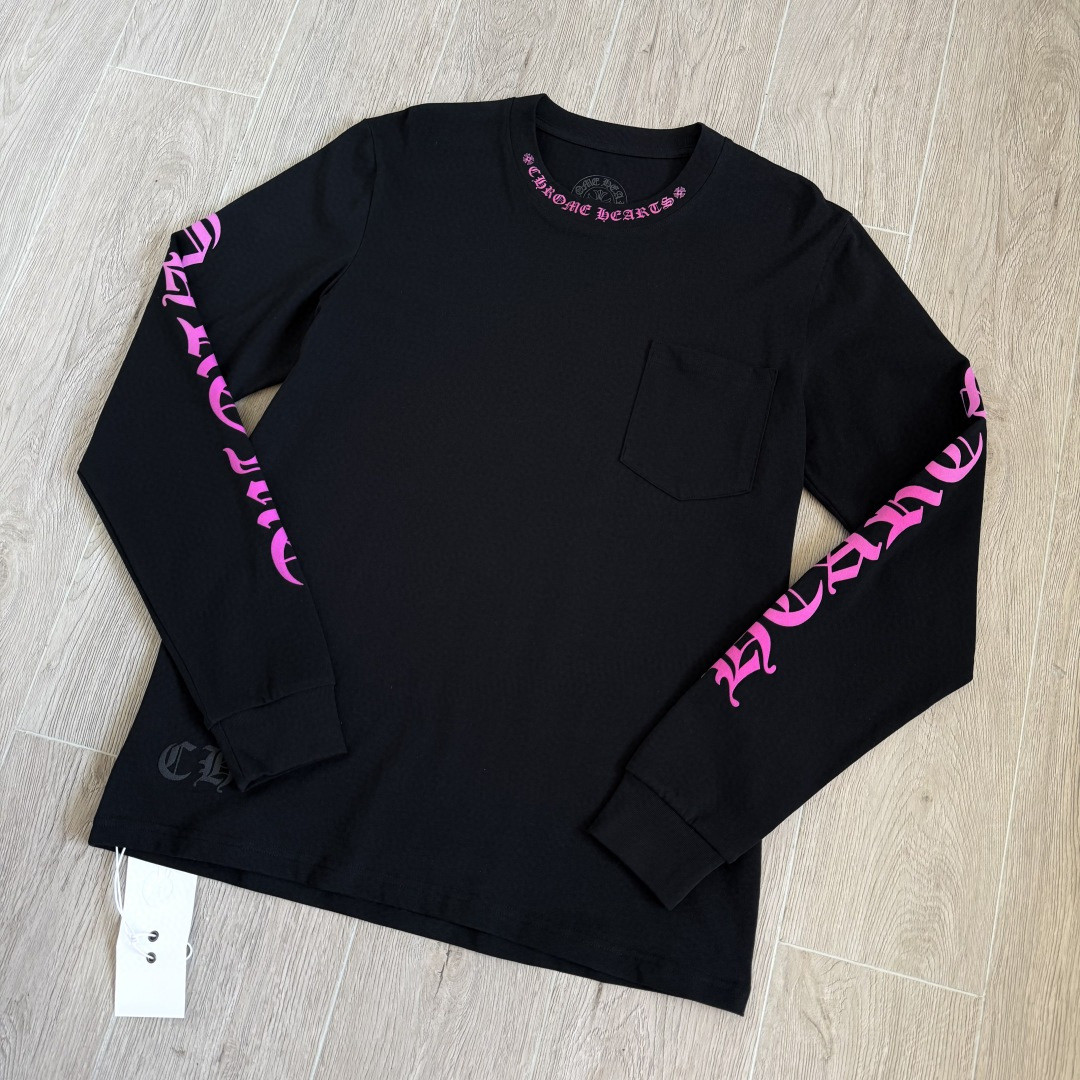 Chrome Hearts 克罗心 领口玫红长袖卫衣 T恤 套头 黑色 A5 CHS-571
