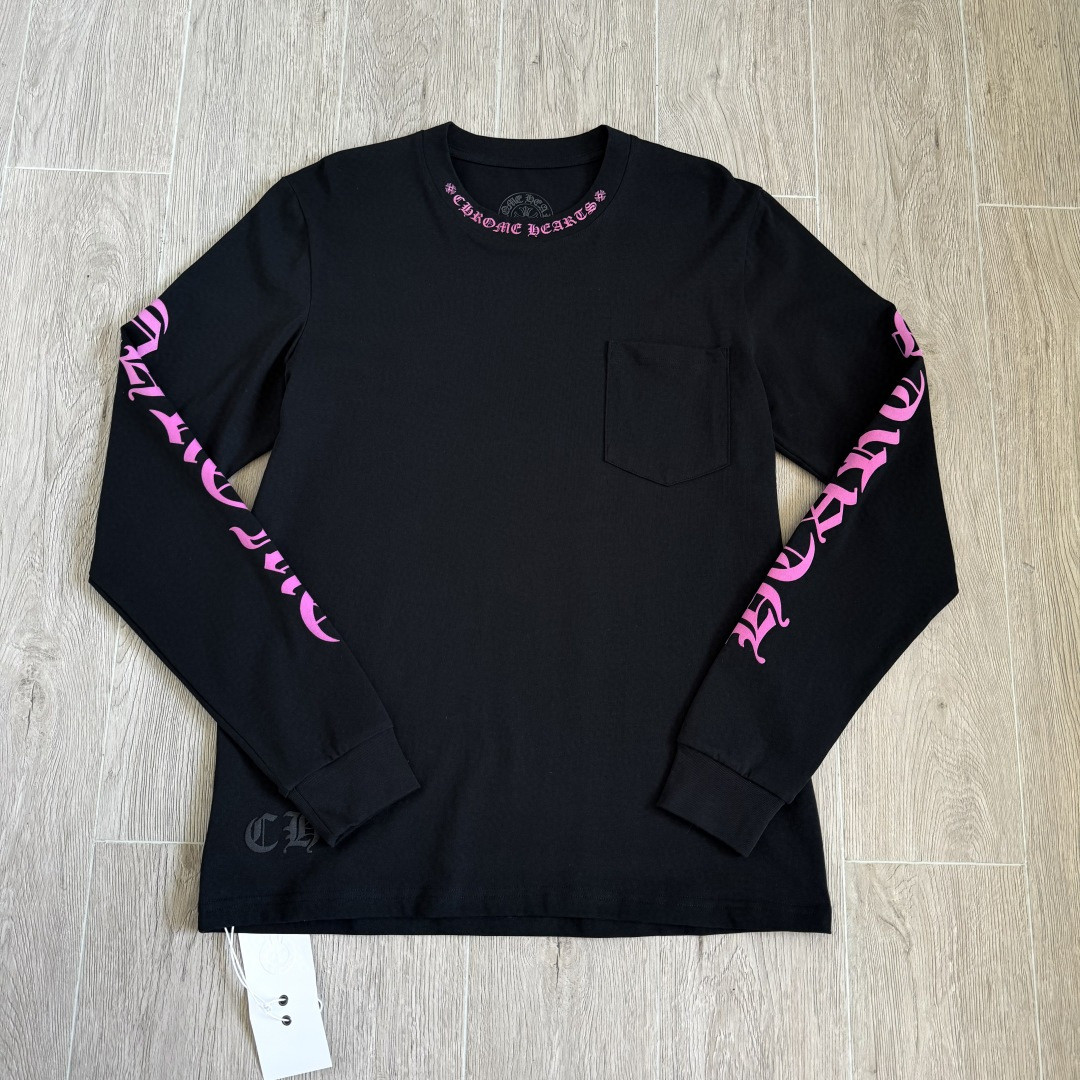 Chrome Hearts 克罗心 领口玫红长袖卫衣 T恤 套头 黑色 A5 CHS-571
