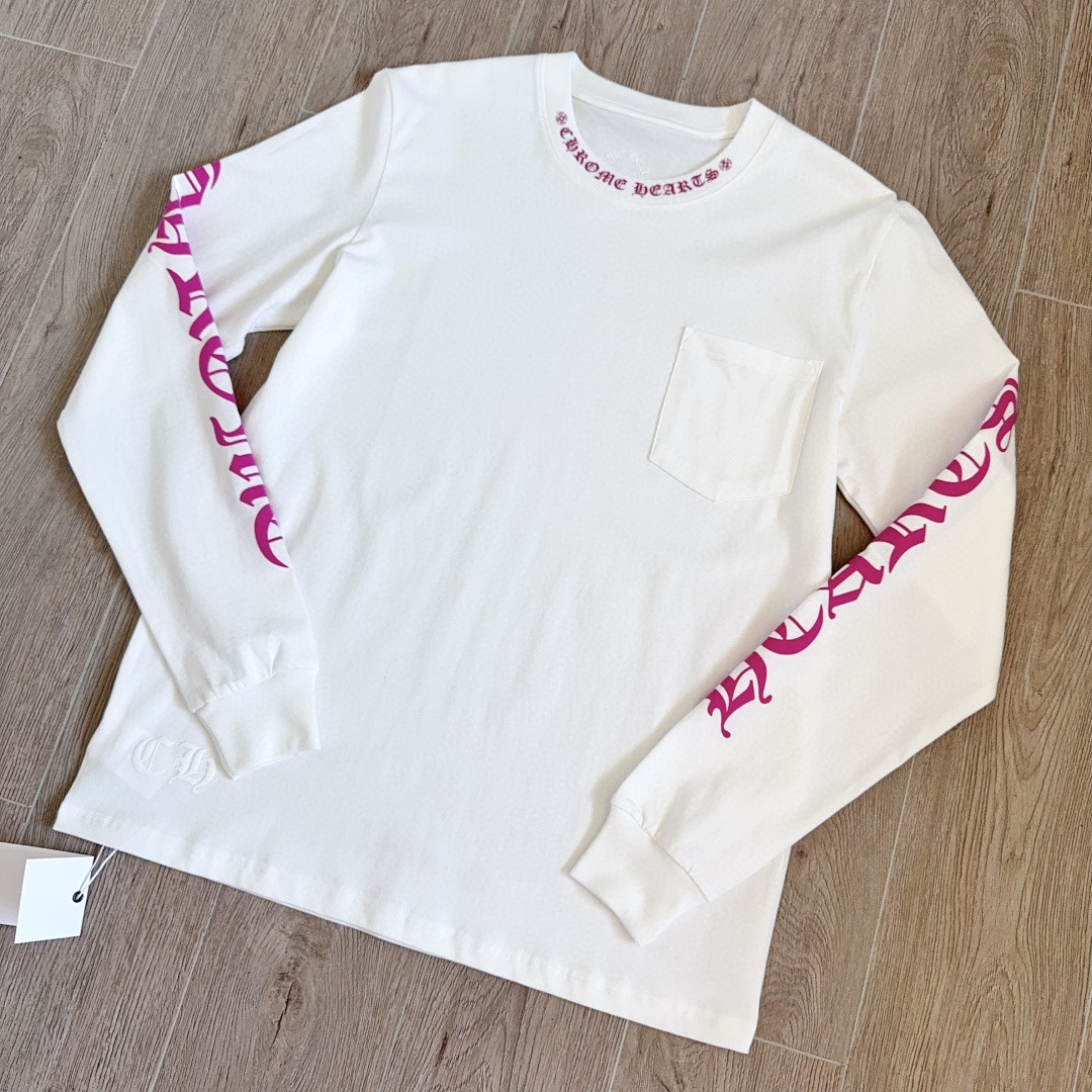 Chrome Hearts 克罗心 领口玫红长袖卫衣 T恤 套头 白色 A5 035-067971