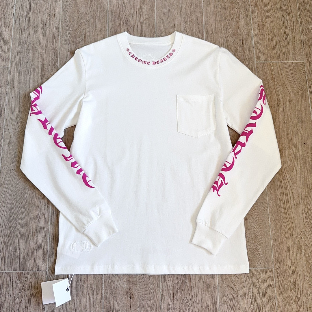 Chrome Hearts 克罗心 领口玫红长袖卫衣 T恤 套头 白色 A5 035-067971
