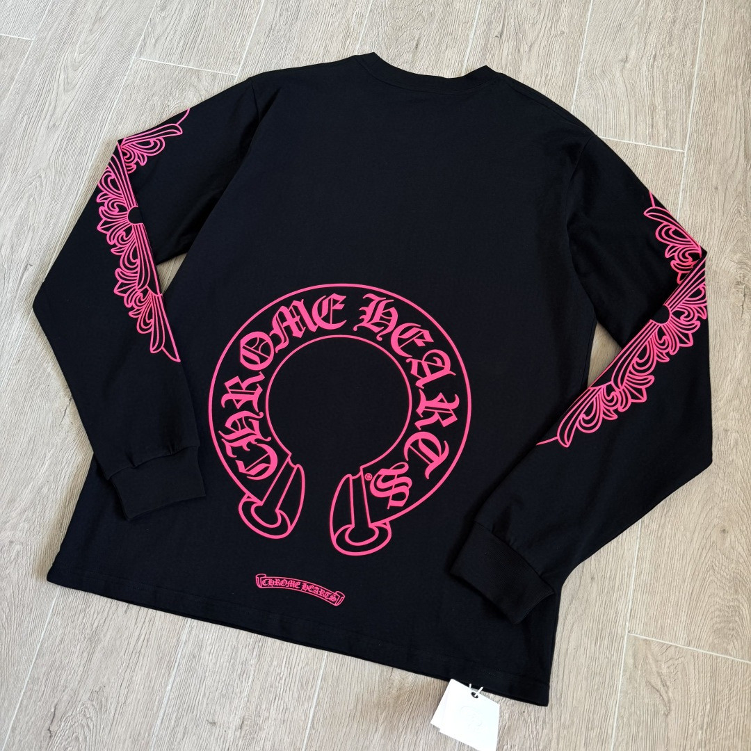 Chrome Hearts 克罗心 粉色双袖十字藤蔓后背马蹄长袖卫衣 T恤 套头 黑色 A5 CH-2025344