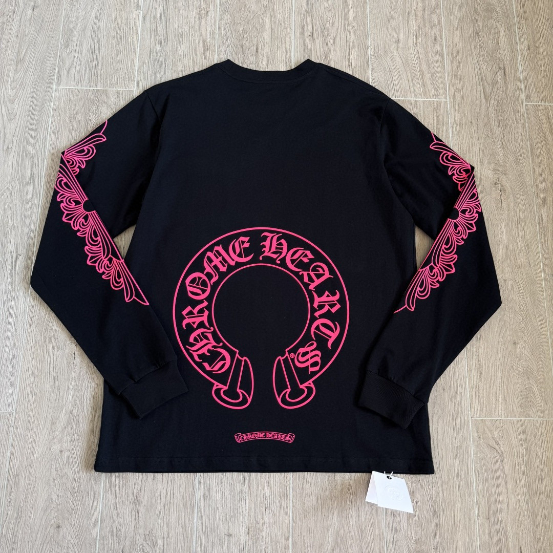 Chrome Hearts 克罗心 粉色双袖十字藤蔓后背马蹄长袖卫衣 T恤 套头 黑色 A5 CH-2025344