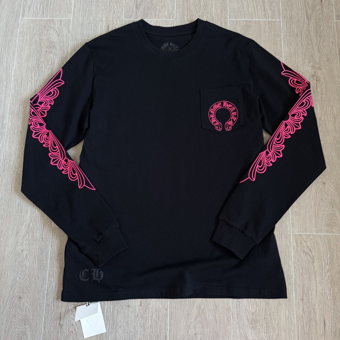 Chrome Hearts 克罗心 粉色双袖十字藤蔓后背马蹄长袖卫衣 T恤 套头 黑色 A5 CH-2025344