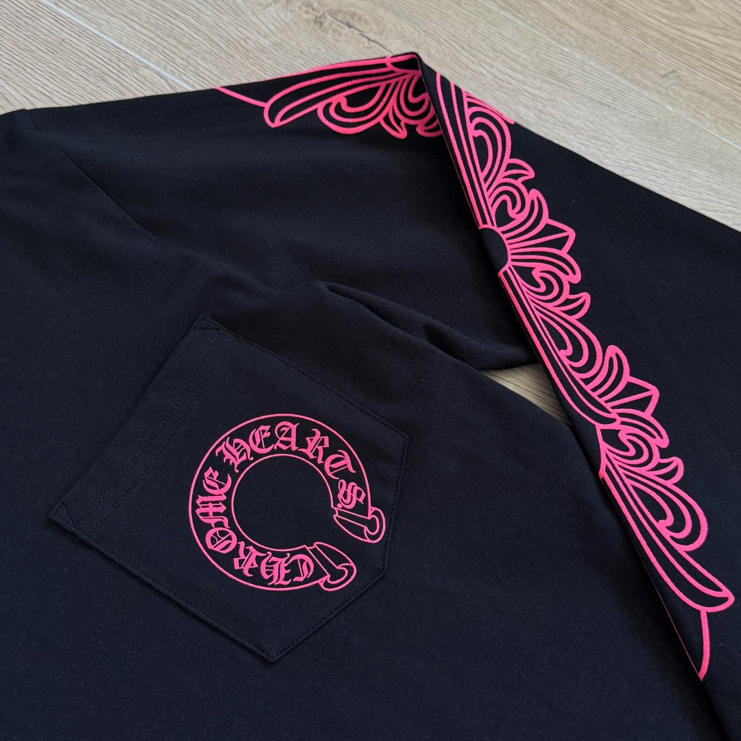 Chrome Hearts 克罗心 粉色双袖十字藤蔓后背马蹄长袖卫衣 T恤 套头 黑色 A5 CH-2025344
