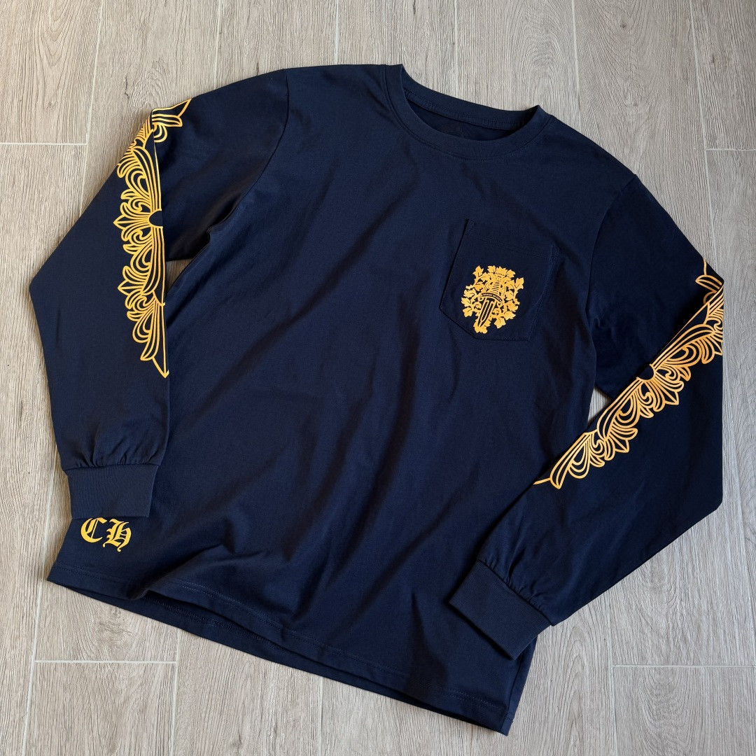 Chrome Hearts 克罗心 黄色藤蔓宝剑长袖卫衣 T恤 套头 藏青色 A5 