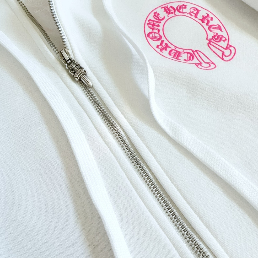 Chrome Hearts 克罗心 粉色双袖十字藤蔓后背马蹄拉链连帽卫衣 外套 夹克 长袖 白色 A5 