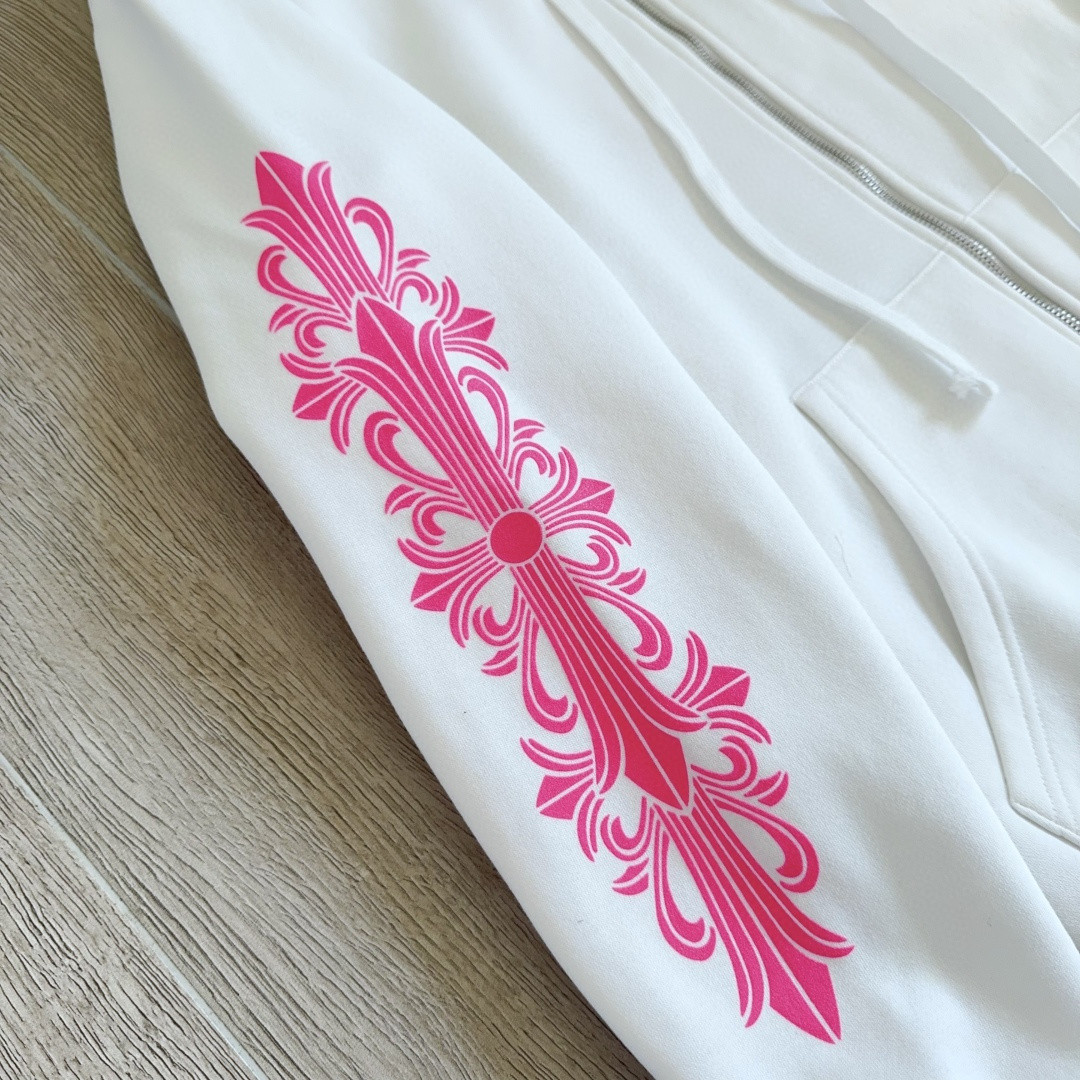 Chrome Hearts 克罗心 粉色双袖十字藤蔓后背马蹄拉链连帽卫衣 外套 夹克 长袖 白色 A5 