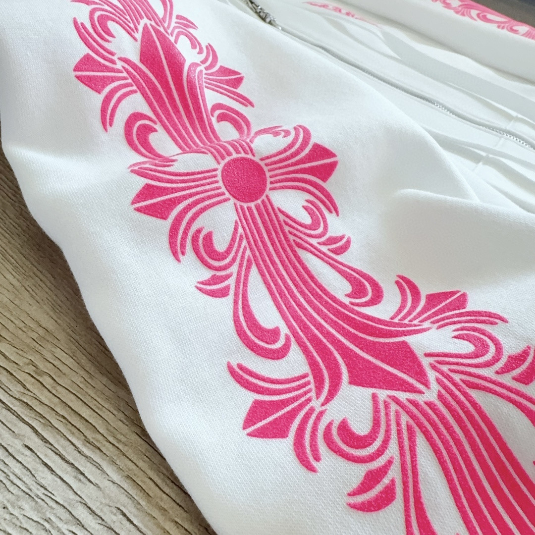 Chrome Hearts 克罗心 粉色双袖十字藤蔓后背马蹄拉链连帽卫衣 外套 夹克 长袖 白色 A5 