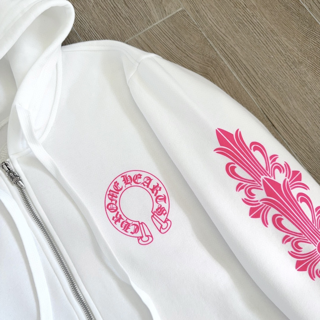 Chrome Hearts 克罗心 粉色双袖十字藤蔓后背马蹄拉链连帽卫衣 外套 夹克 长袖 白色 A5 