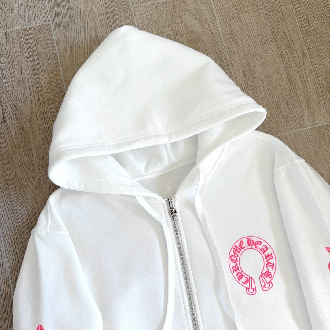 Chrome Hearts 克罗心 粉色双袖十字藤蔓后背马蹄拉链连帽卫衣 外套 夹克 长袖 白色 A5 