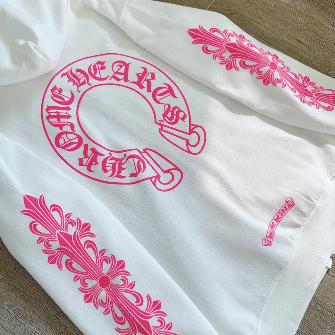 Chrome Hearts 克罗心 粉色双袖十字藤蔓后背马蹄拉链连帽卫衣 外套 夹克 长袖 白色 A5 