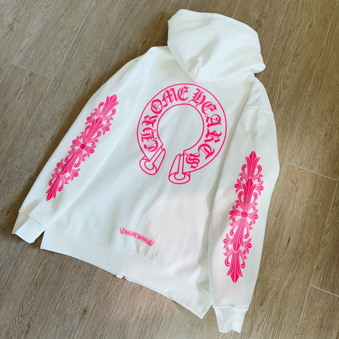 Chrome Hearts 克罗心 粉色双袖十字藤蔓后背马蹄拉链连帽卫衣 外套 夹克 长袖 白色 A5 