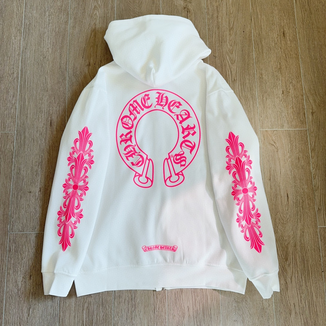Chrome Hearts 克罗心 粉色双袖十字藤蔓后背马蹄拉链连帽卫衣 外套 夹克 长袖 白色 A5 