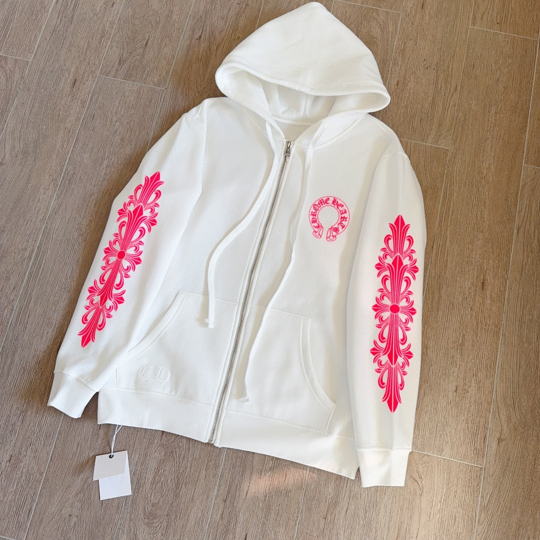 Chrome Hearts 克罗心 粉色双袖十字藤蔓后背马蹄拉链连帽卫衣 外套 夹克 长袖 白色 A5 