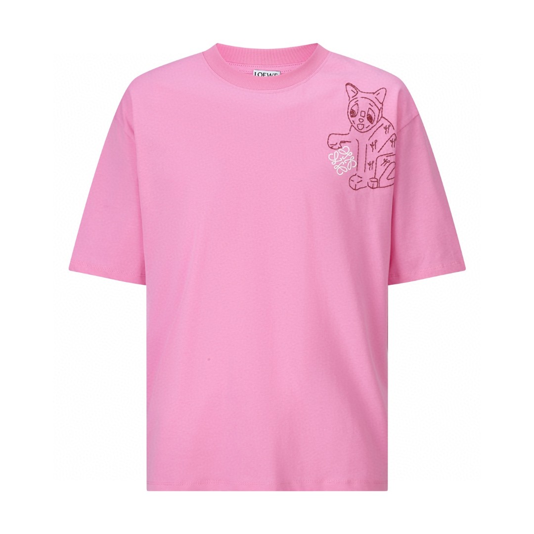 Loewe 刺绣小猫标识短袖 T恤 圆领 夏季 粉色 黑色 A2 H526Y22XCZ-7140