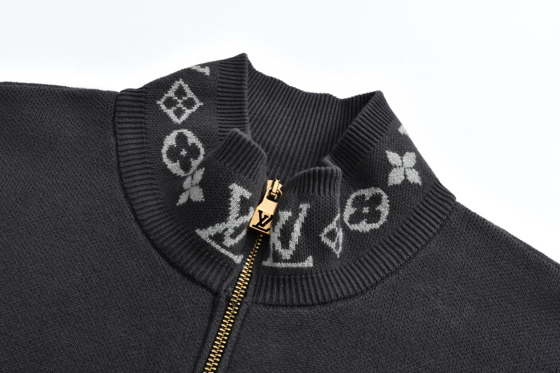 LOUIS VUITTON 路易威登 提花螺纹拉链立领拉链毛织外套 夹克 长袖 黑色 灰色 C0 1AGJWH