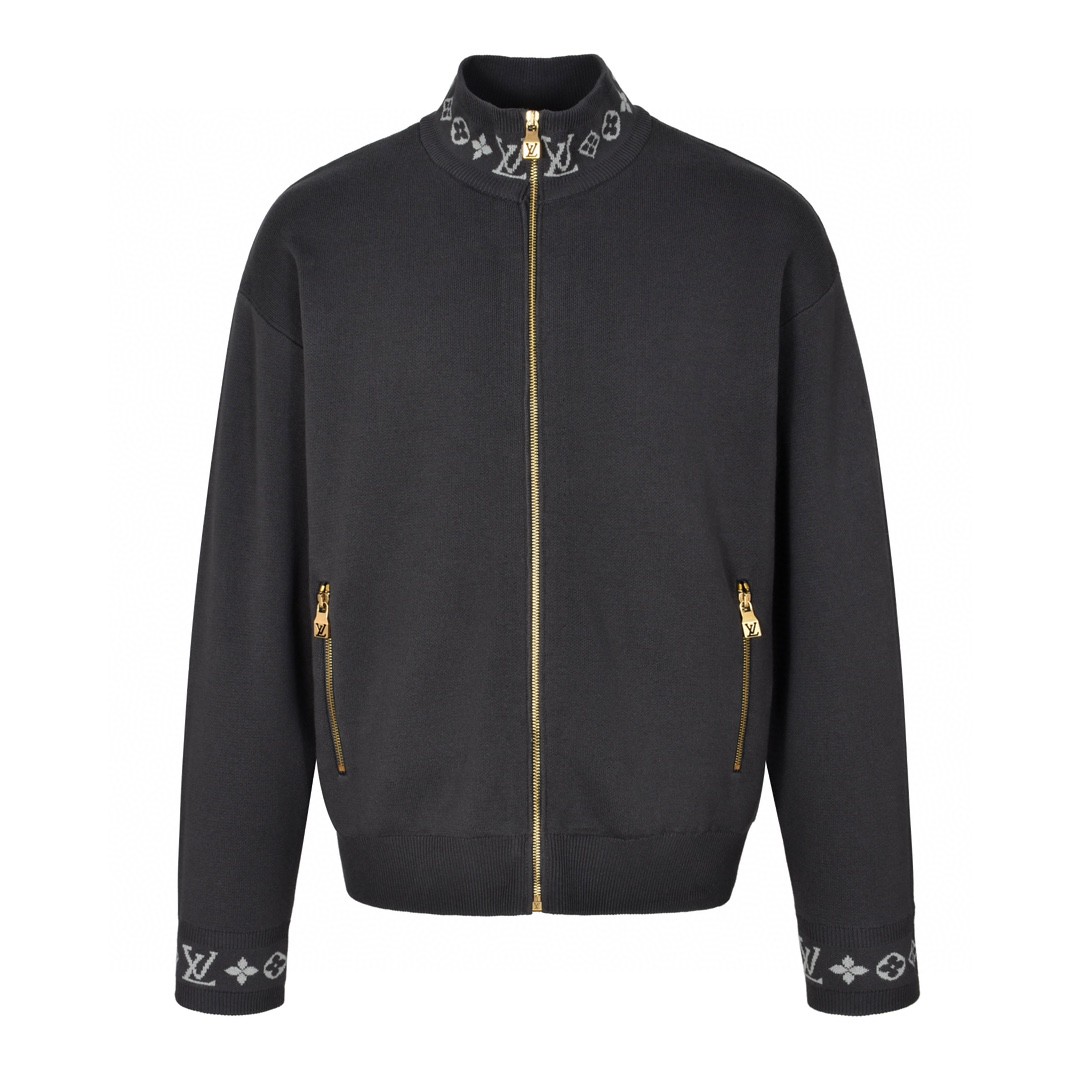 LOUIS VUITTON 路易威登 提花螺纹拉链立领拉链毛织外套 夹克 长袖 黑色 灰色 C0 1AGJWH