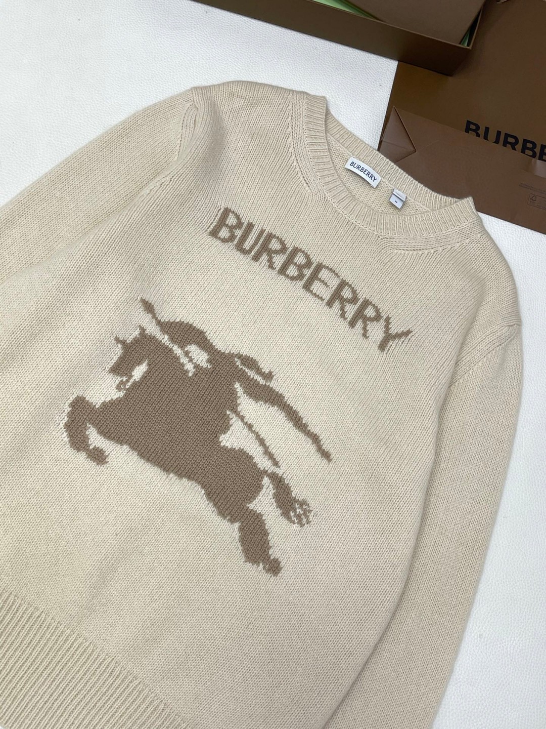 Burberry 巴宝莉 马术骑士徽标羊绒混纺针织衫 毛衣 外套 长袖 米色 白色 B0 81030451