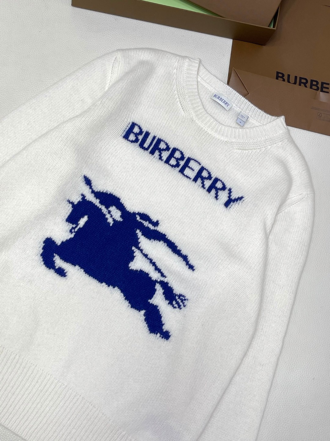 Burberry 巴宝莉 马术骑士徽标羊绒混纺针织衫 毛衣 外套 长袖 米色 白色 B0 81030451
