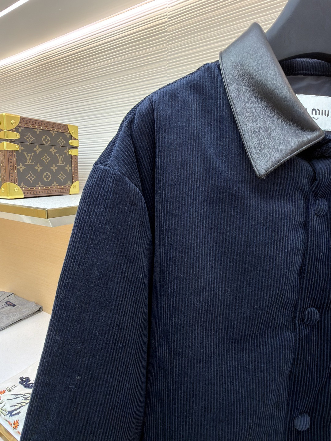 MIU MIU 缪缪 皮领灯芯绒羽绒服 外套 夹克 长袖 保暖 海军蓝 C0 ML1322-179R-F0008-S-OOO