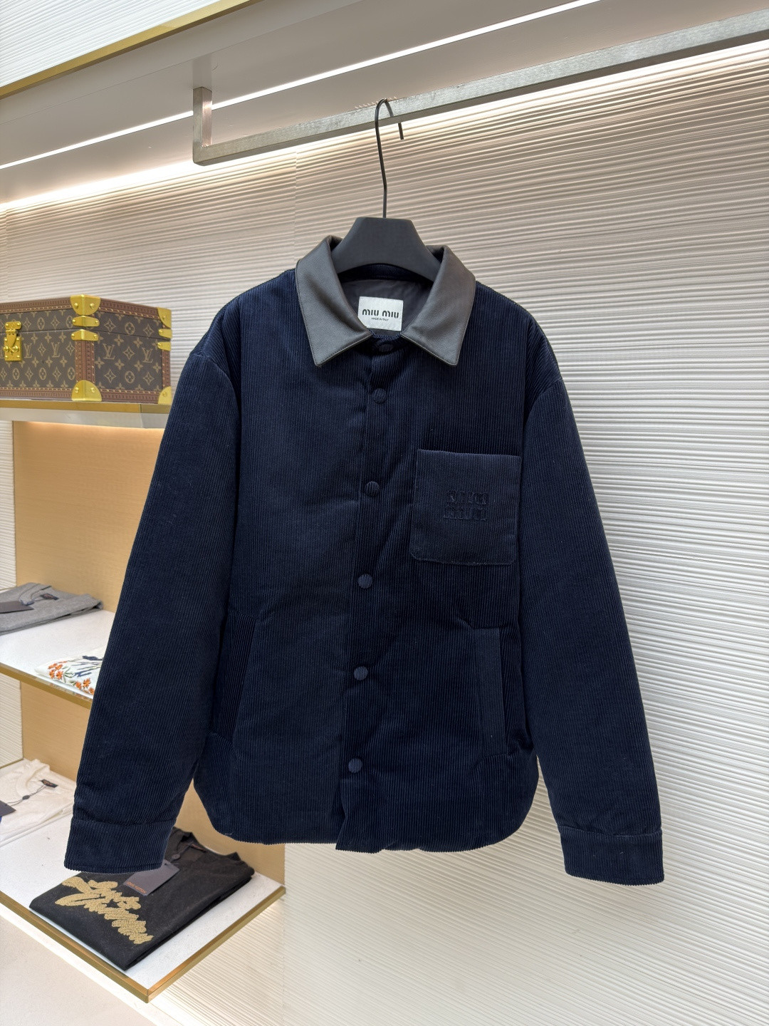 MIU MIU 缪缪 皮领灯芯绒羽绒服 外套 夹克 长袖 保暖 海军蓝 C0 ML1322-179R-F0008-S-OOO