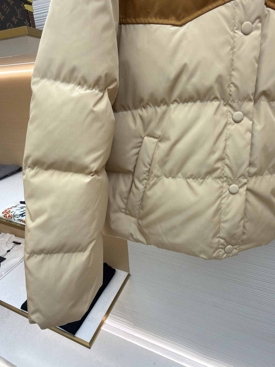 MIU MIU 缪缪 植绒拼接翻领羽绒服 外套 夹克 长袖 保暖 棕色 卡其色 C0 ML1371-18Q0-F0201-S-OOO