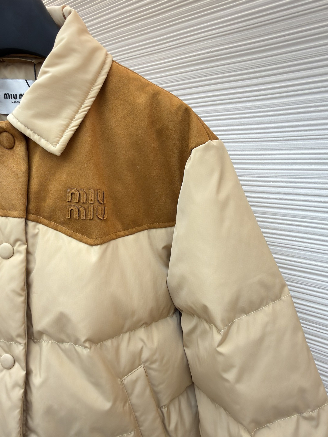 MIU MIU 缪缪 植绒拼接翻领羽绒服 外套 夹克 长袖 保暖 棕色 卡其色 C0 ML1371-18Q0-F0201-S-OOO