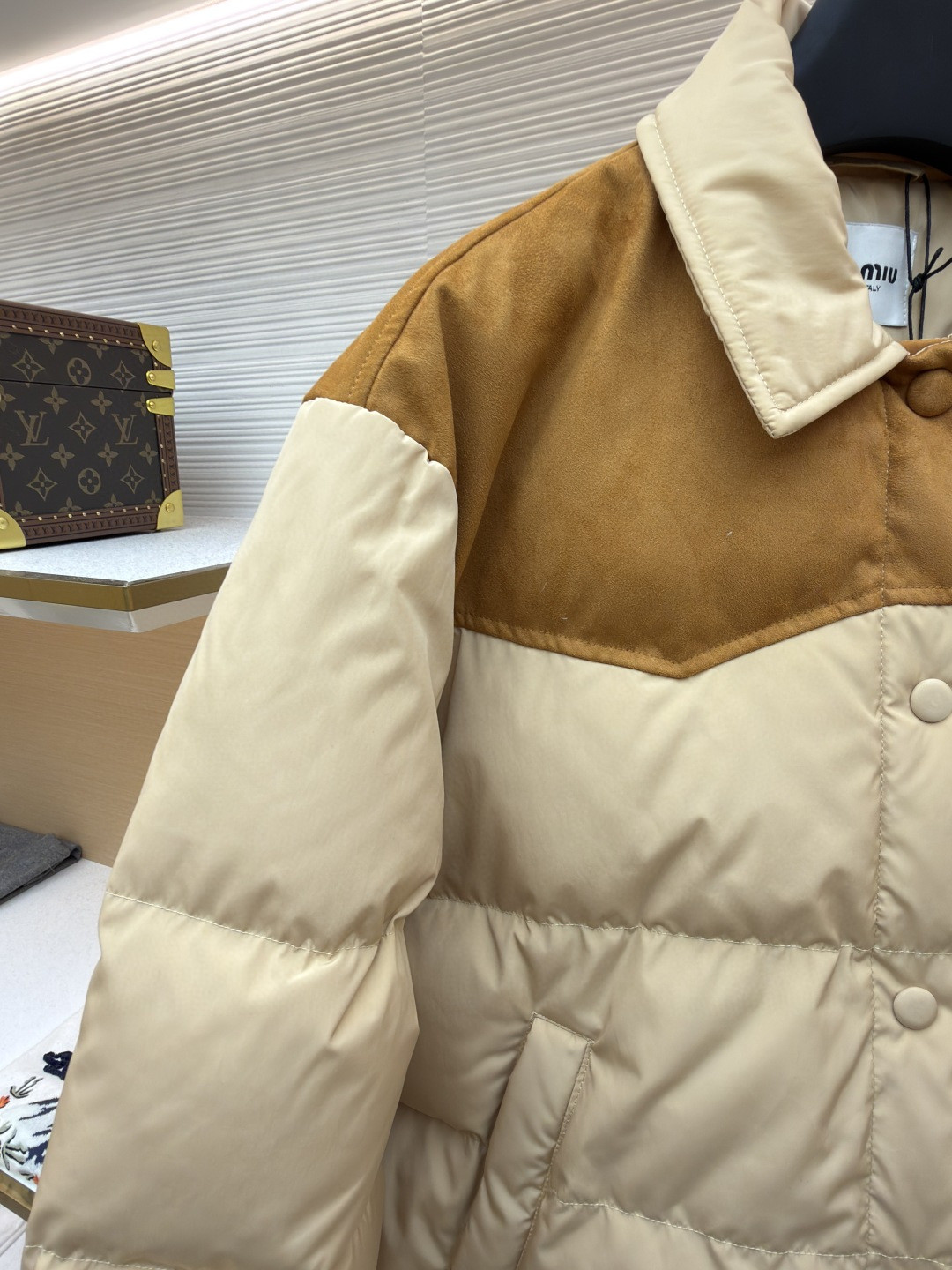 MIU MIU 缪缪 植绒拼接翻领羽绒服 外套 夹克 长袖 保暖 棕色 卡其色 C0 ML1371-18Q0-F0201-S-OOO