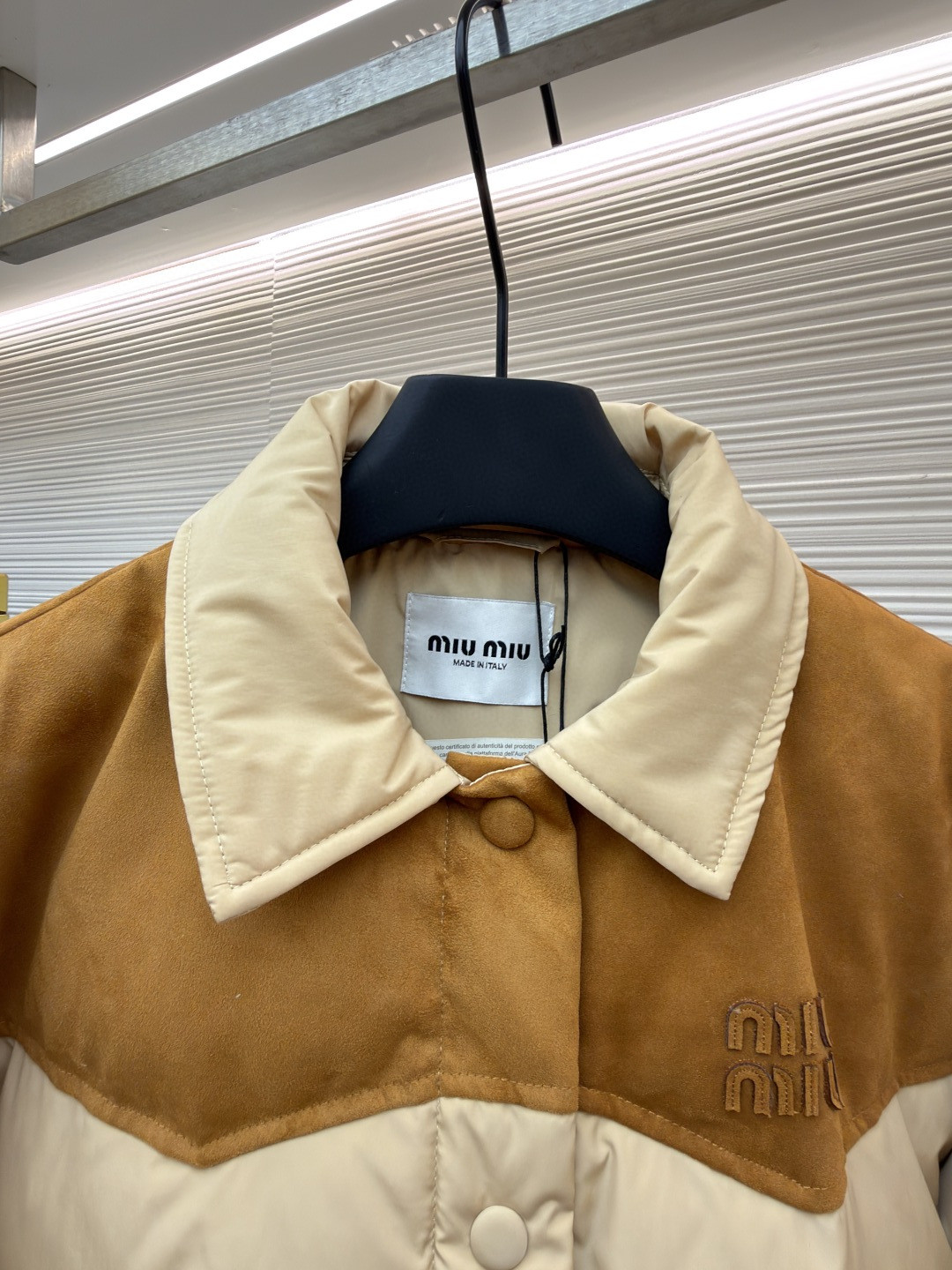 MIU MIU 缪缪 植绒拼接翻领羽绒服 外套 夹克 长袖 保暖 棕色 卡其色 C0 ML1371-18Q0-F0201-S-OOO