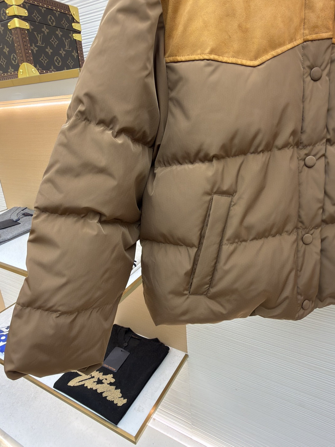 MIU MIU 缪缪 植绒拼接翻领羽绒服 外套 夹克 长袖 保暖 棕色 卡其色 C0 ML1371-18Q0-F0201-S-OOO