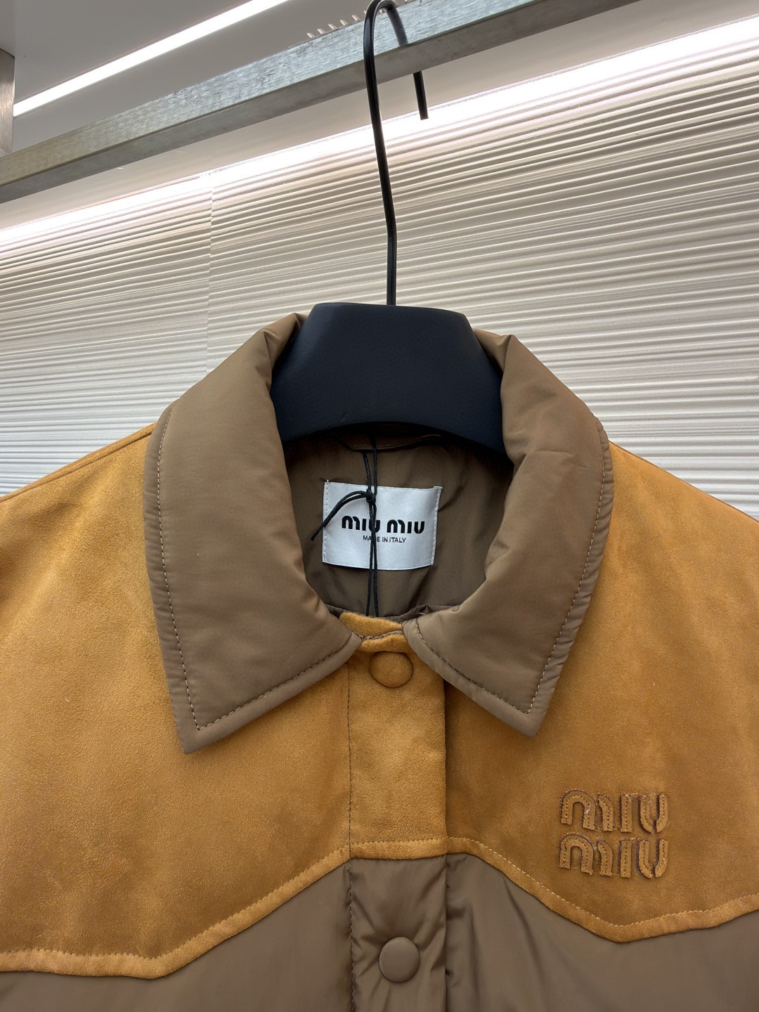 MIU MIU 缪缪 植绒拼接翻领羽绒服 外套 夹克 长袖 保暖 棕色 卡其色 C0 ML1371-18Q0-F0201-S-OOO