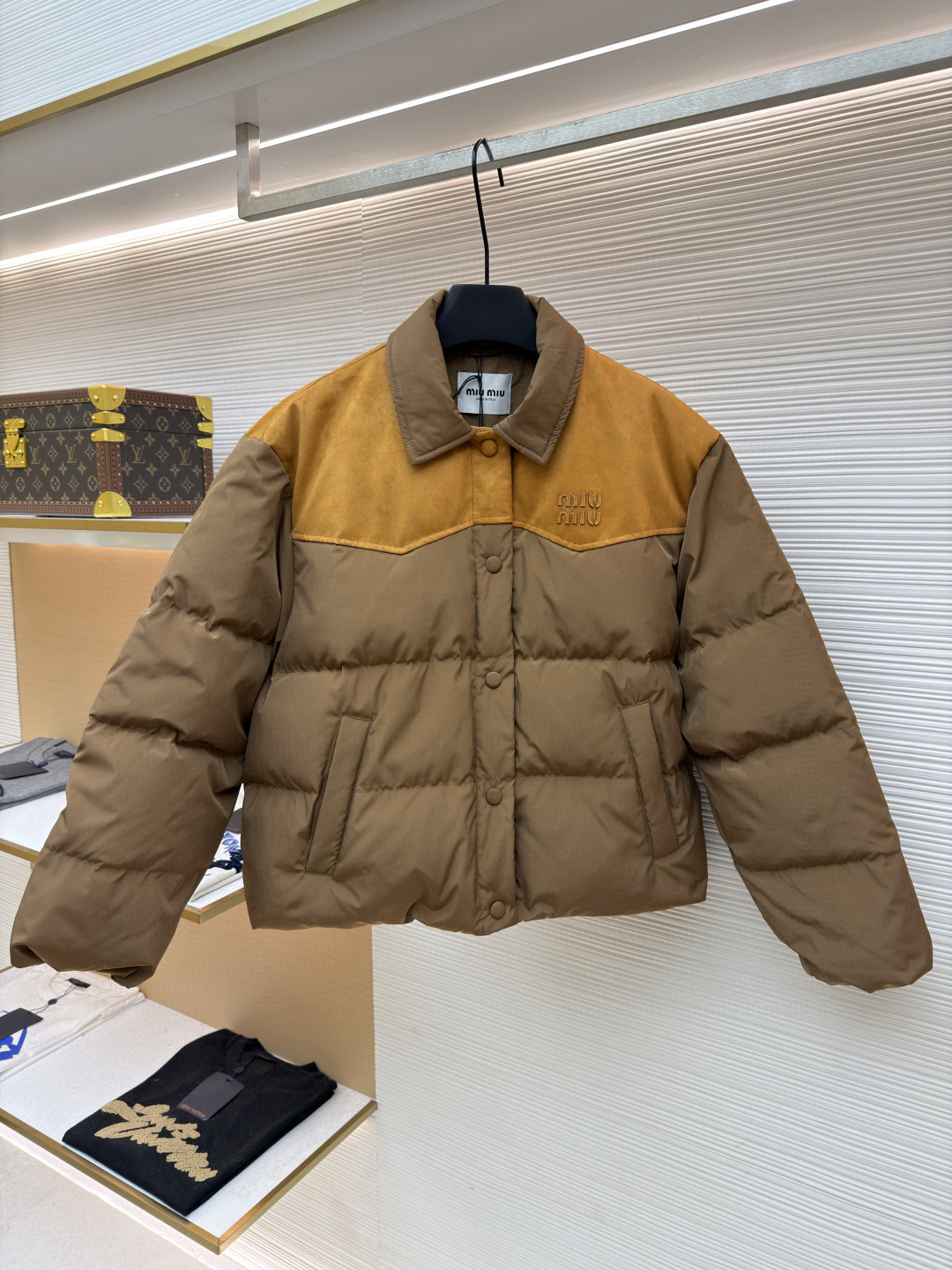 MIU MIU 缪缪 植绒拼接翻领羽绒服 外套 夹克 长袖 保暖 棕色 卡其色 C0 ML1371-18Q0-F0201-S-OOO