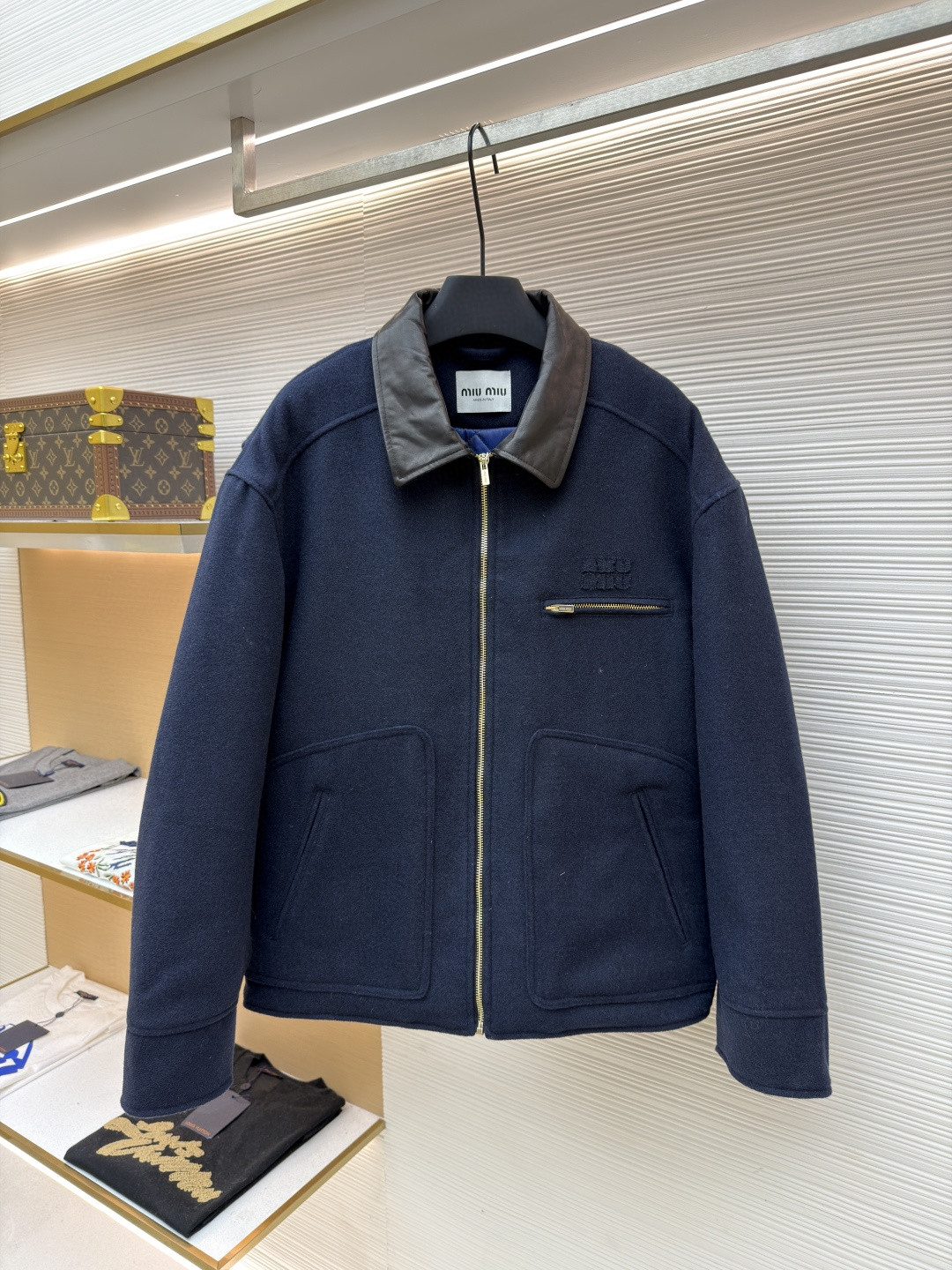 MIU MIU 缪缪 羊毛皮领绣花毛呢棉服 外套 夹克 长袖 保暖 深蓝色 C0 ML1118-151I-F0008-S-OOO