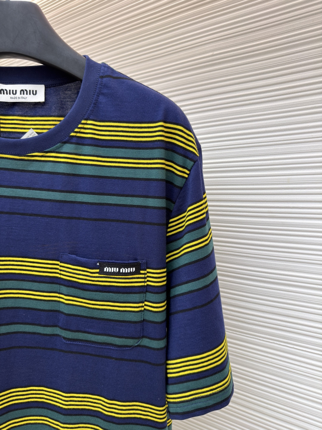 MIU MIU 条纹圆领短袖 休闲 T恤 夏季 蓝绿色 A0 MJNA09-18ZV-F0V9D-S-OOO