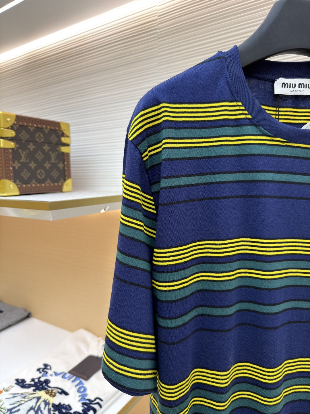 MIU MIU 条纹圆领短袖 休闲 T恤 夏季 蓝绿色 A0 MJNA09-18ZV-F0V9D-S-OOO