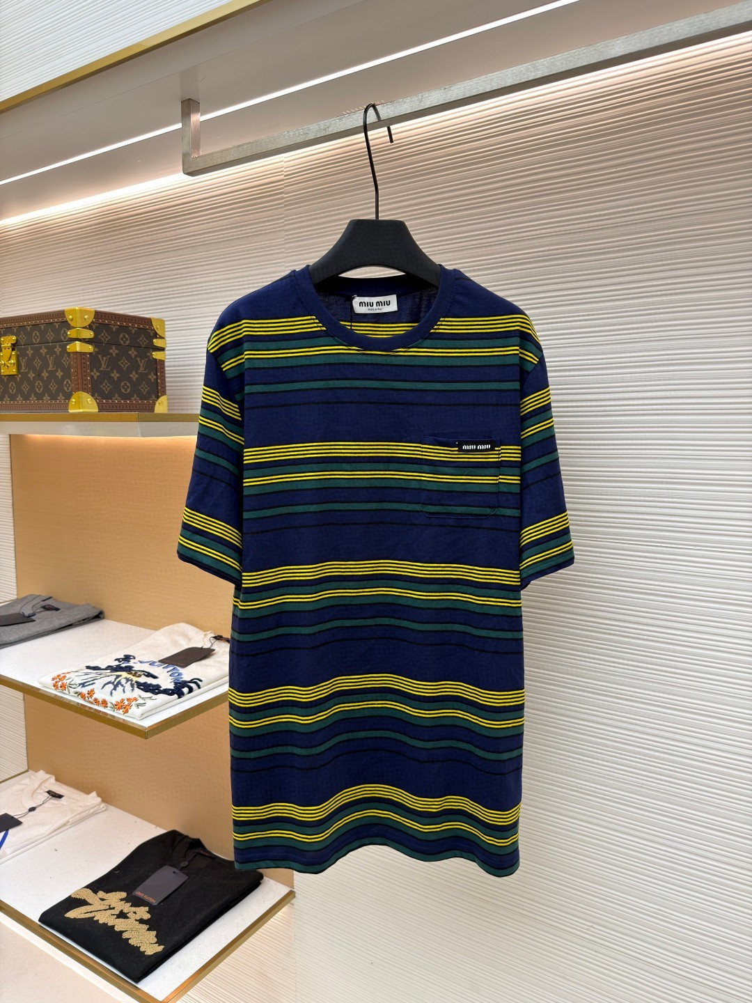 MIU MIU 条纹圆领短袖 休闲 T恤 夏季 蓝绿色 A0 MJNA09-18ZV-F0V9D-S-OOO