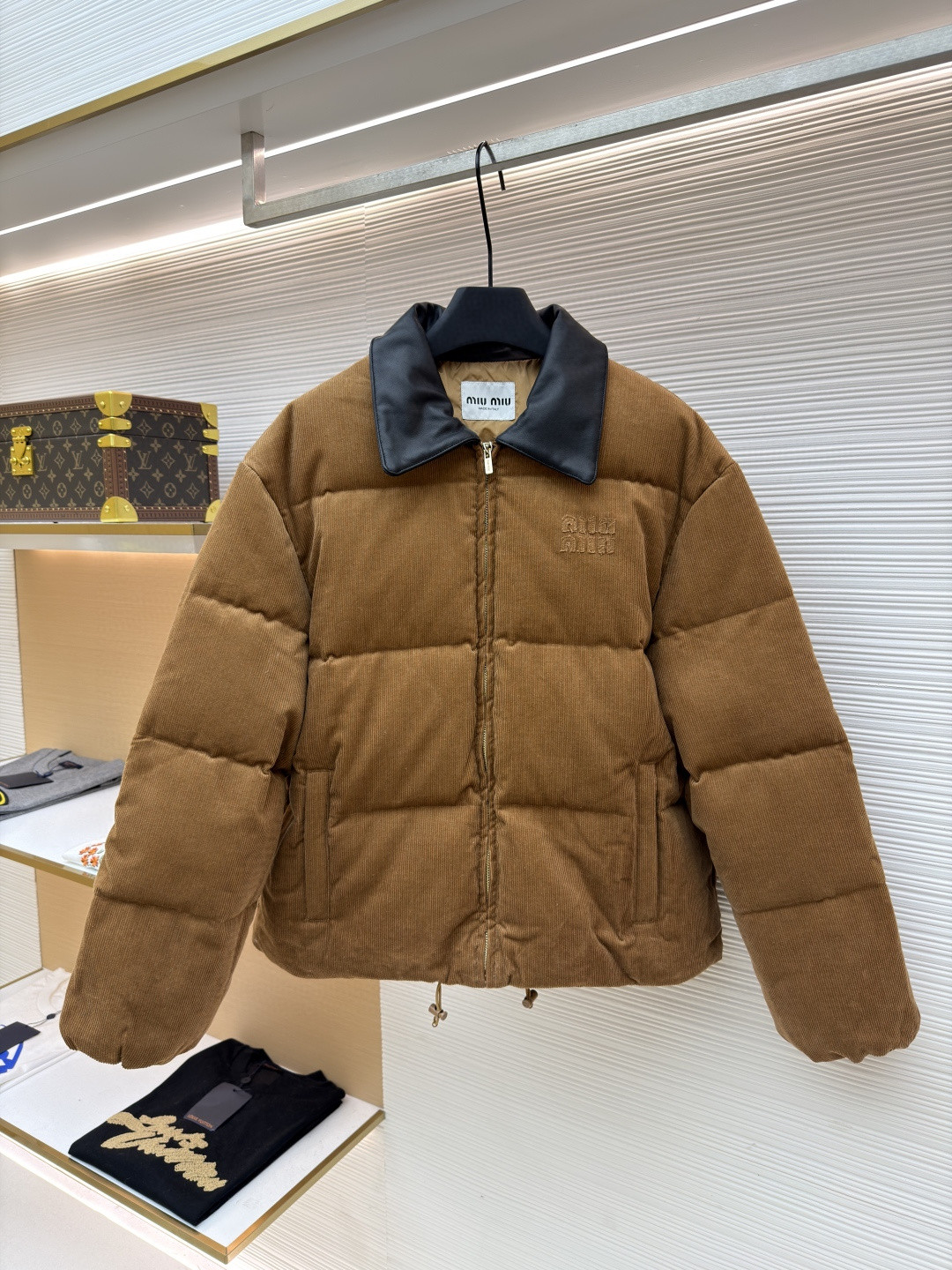 MIU MIU 缪缪 皮领贴布绣灯芯绒羽绒服 外套 夹克 长袖 保暖 卡其棕 C5 ML1321-179R-F0594-S-OOO