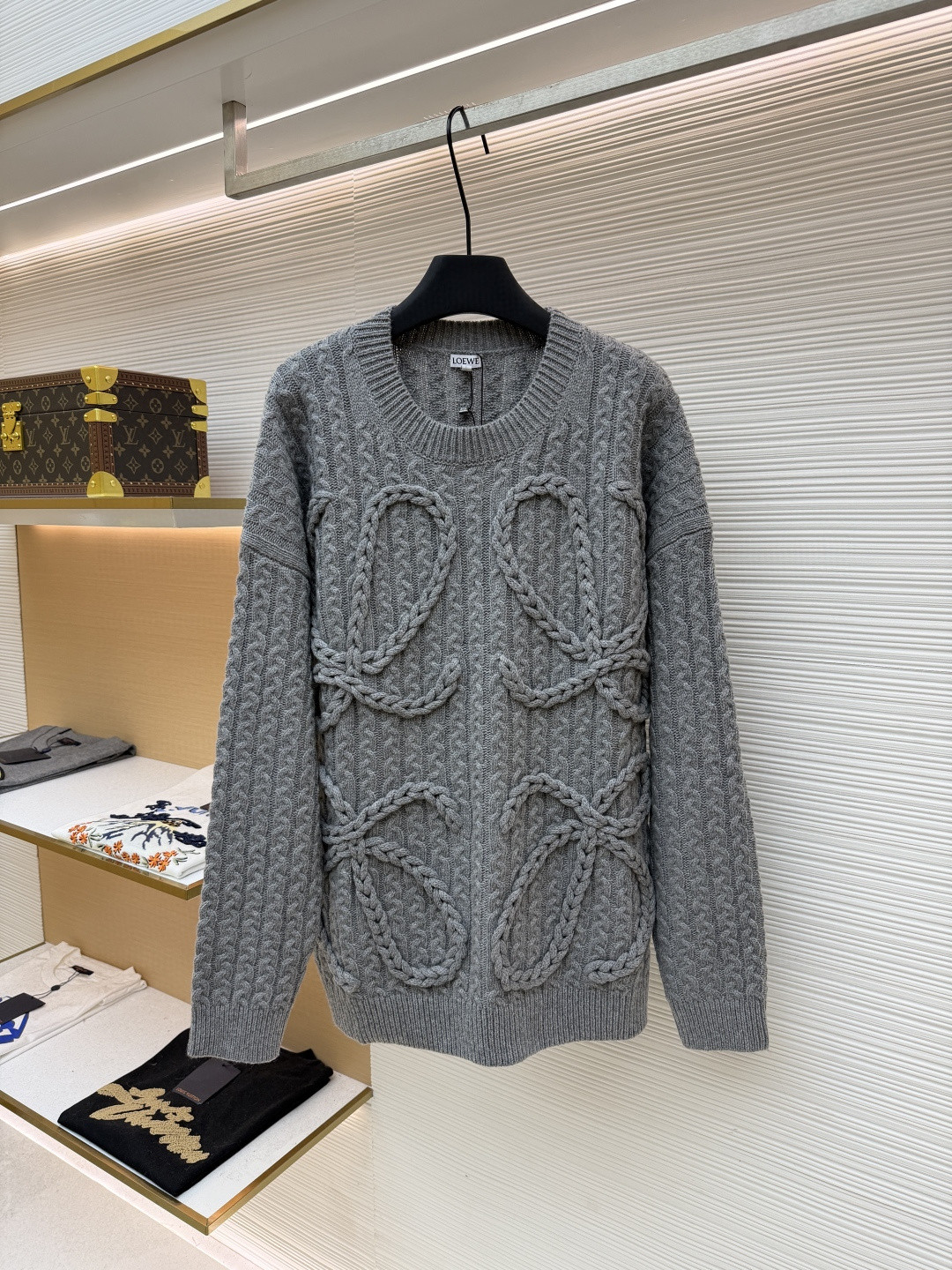 LOEWE 罗意威 Anagram 麻花编织圆领毛衣 针织衫 长袖 绿色 灰色 B0 H526Y14K83-4160