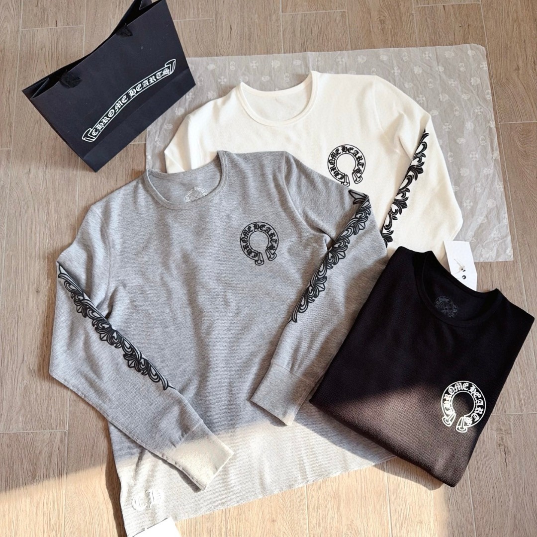 Chrome Hearts 克罗心 华夫格 胸前马蹄双花臂长袖卫衣 T恤 套头 白色 黑色  灰色 A5 CH-20251771