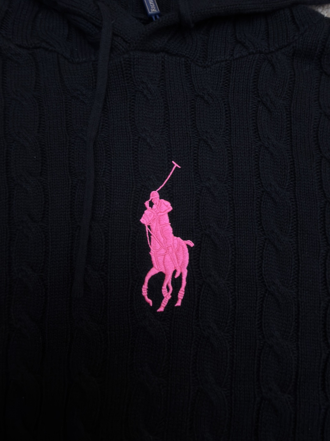 Ralph Lauren 拉夫劳伦 刺绣连帽绞花毛衣 针织衫 长袖 黑色 粉色 B0 211A90918-001