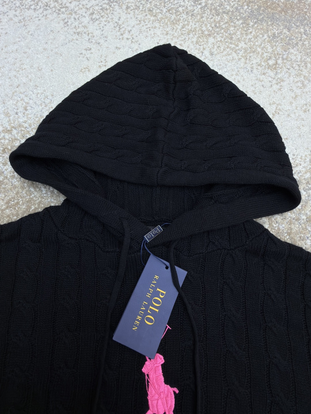 Ralph Lauren 拉夫劳伦 刺绣连帽绞花毛衣 针织衫 长袖 黑色 粉色 B0 211A90918-001