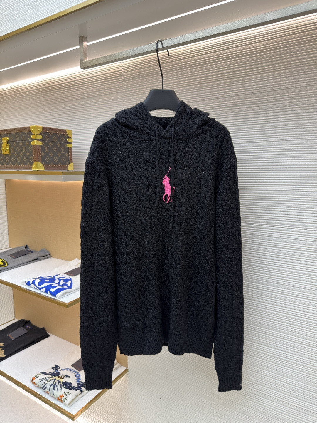 Ralph Lauren 拉夫劳伦 刺绣连帽绞花毛衣 针织衫 长袖 黑色 粉色 B0 211A90918-001
