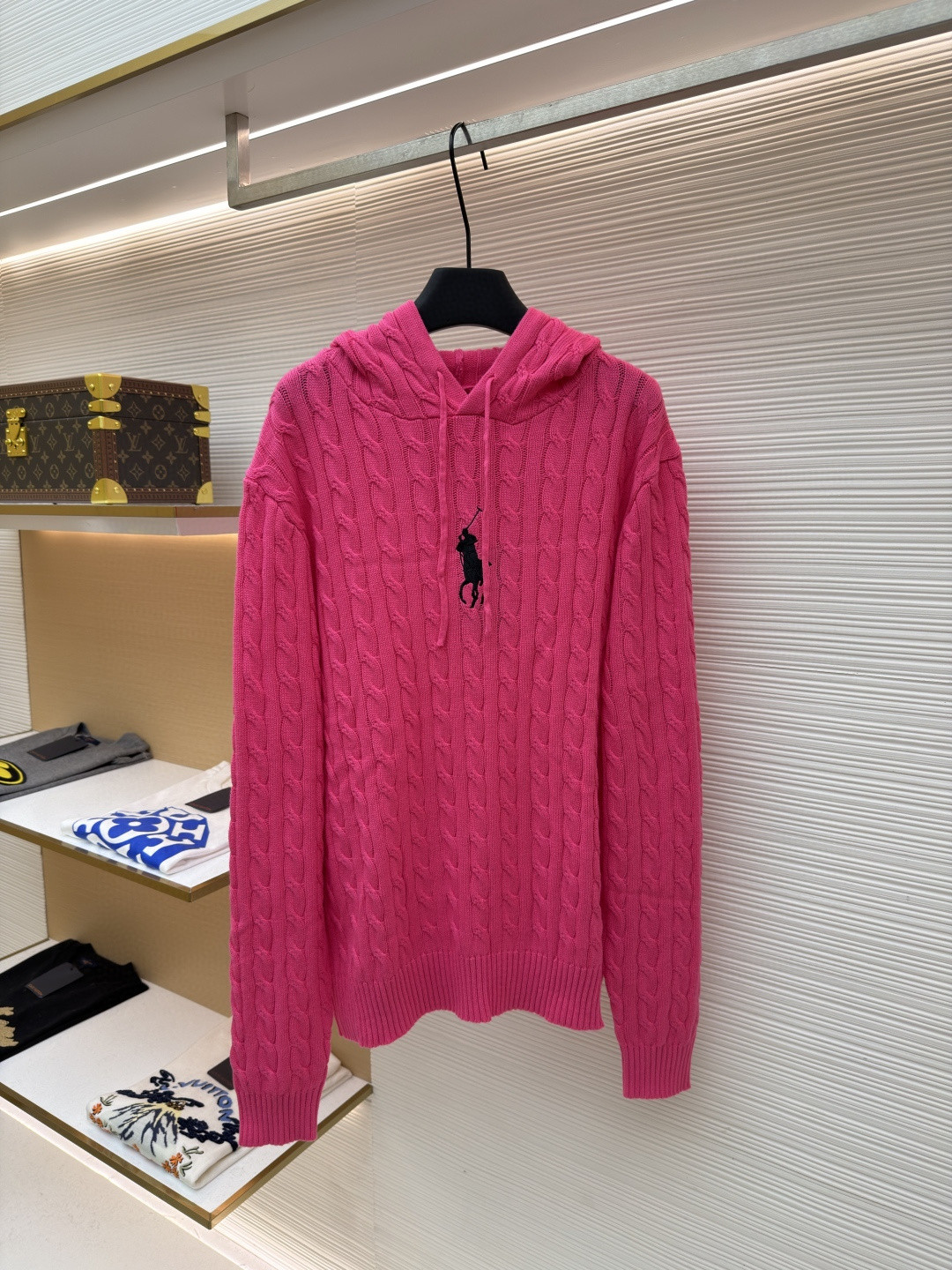 Ralph Lauren 拉夫劳伦 刺绣连帽绞花毛衣 针织衫 长袖 黑色 粉色 B0 211A90918-001