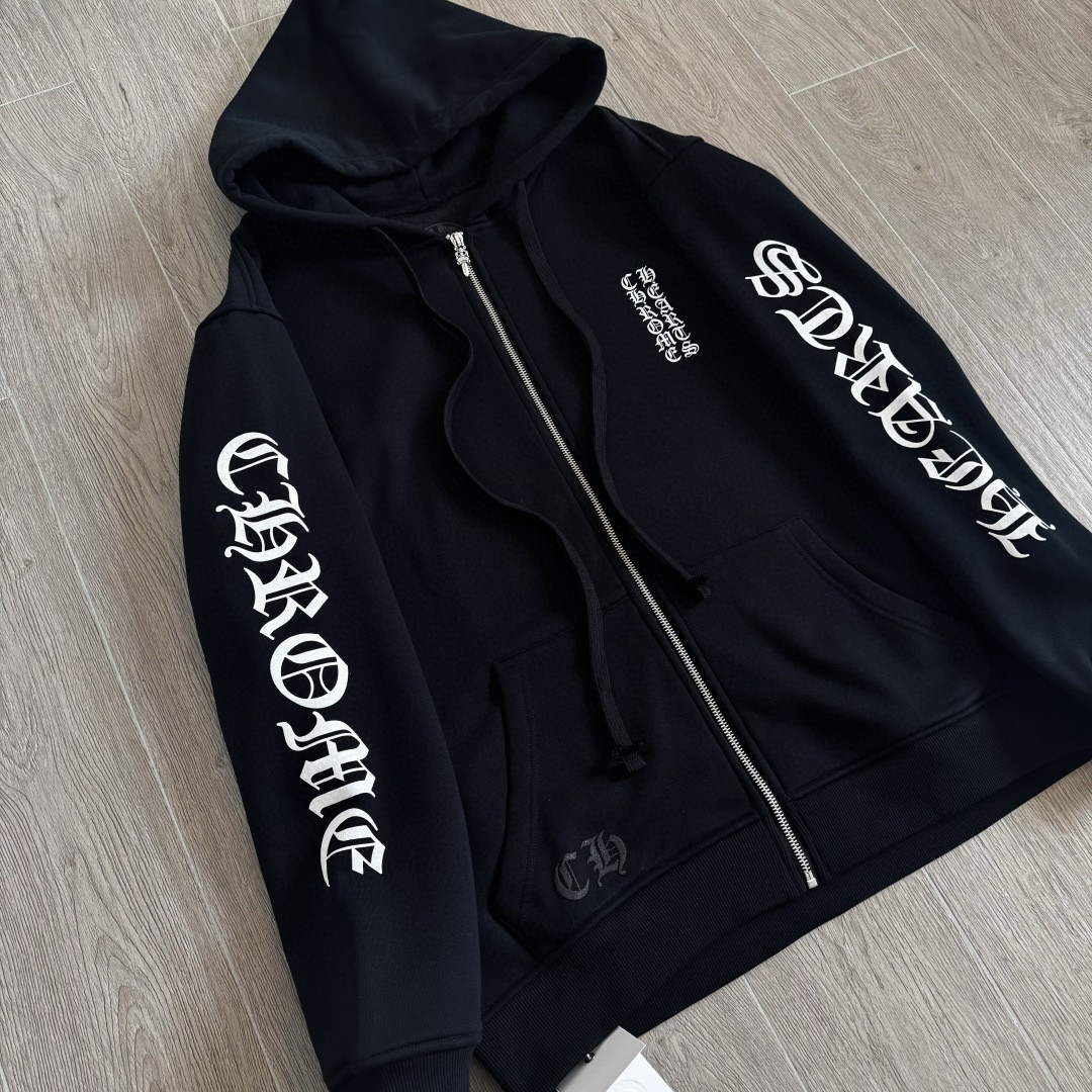 925纯银 Chrome Hearts 克罗心 梵文字母logo内里薄绒拉链卫衣 外套 长袖 黑色 A5