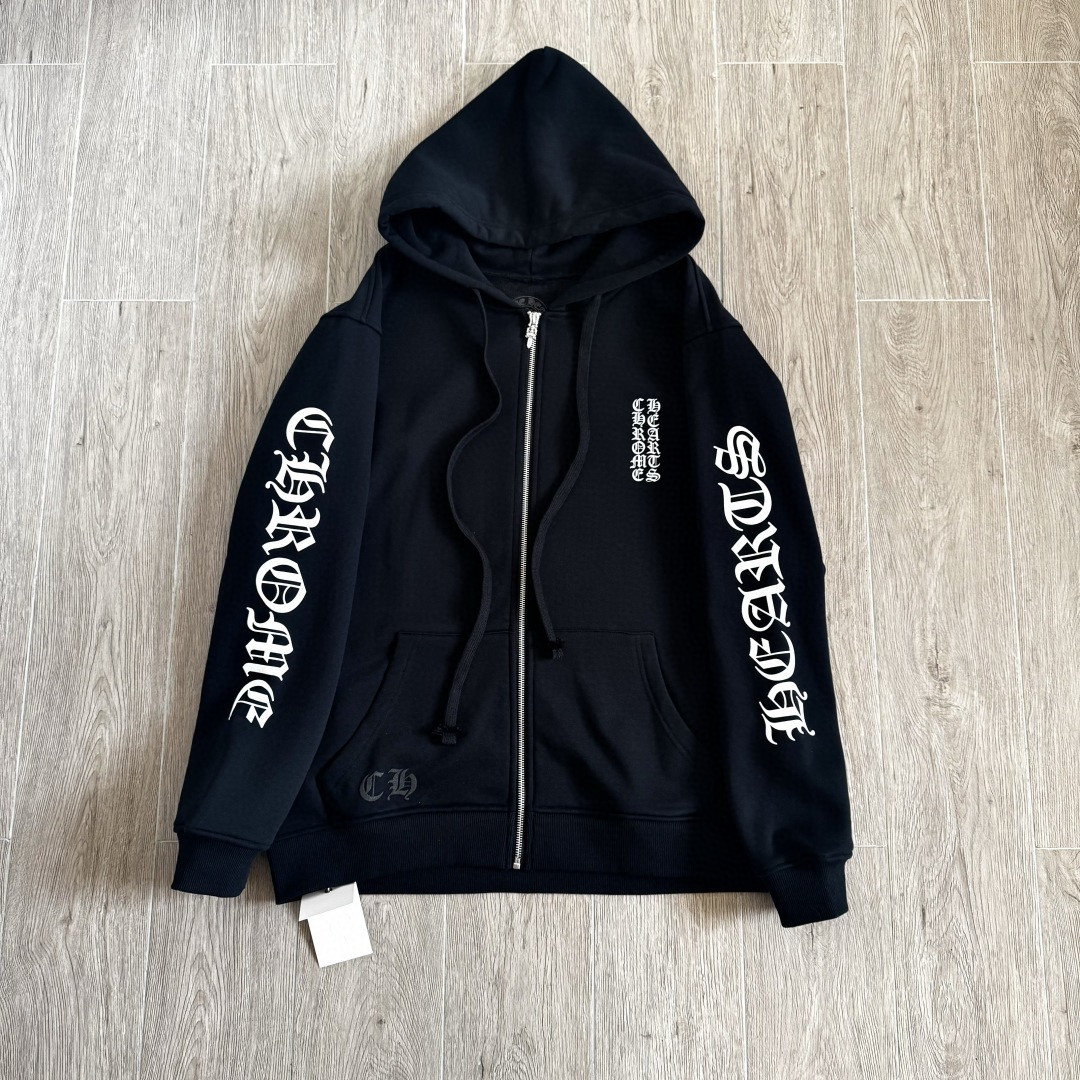 925纯银 Chrome Hearts 克罗心 梵文字母logo内里薄绒拉链卫衣 外套 长袖 黑色 A5