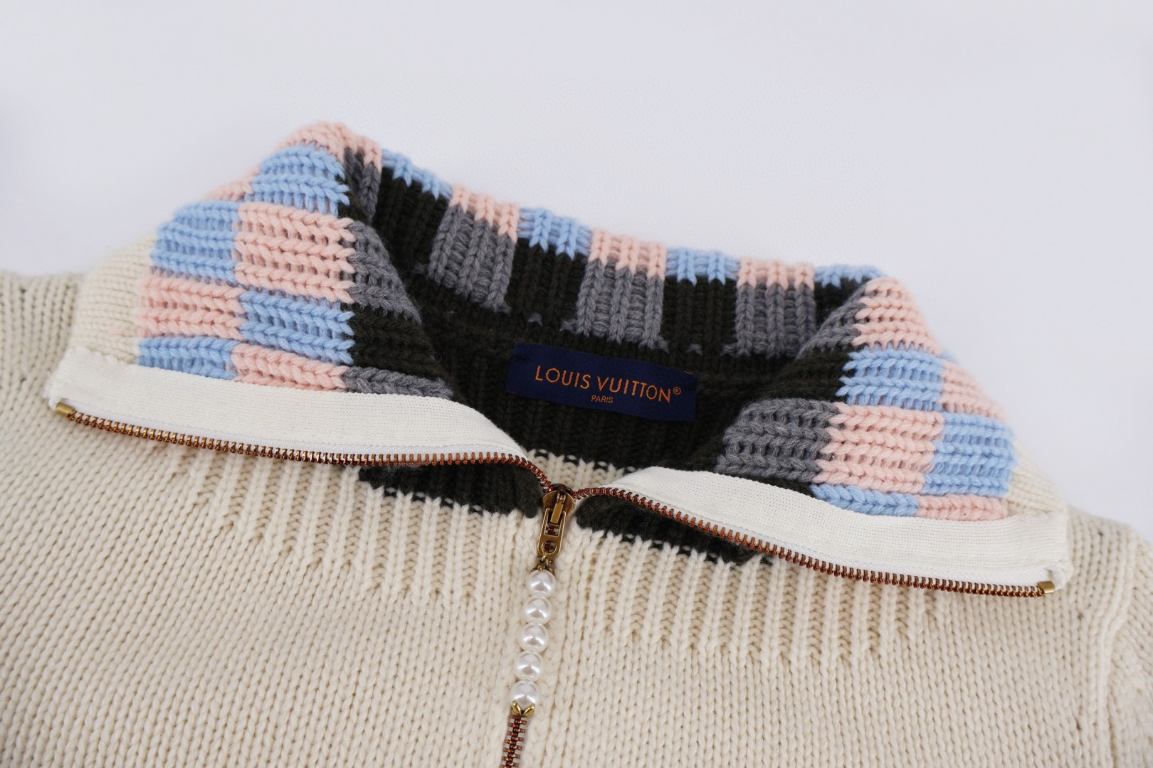 LOUIS VUITTON 路易威登 格纹领拉链针织衫 毛衣 夹克 外套 长袖 米色 B5 1AJUVP