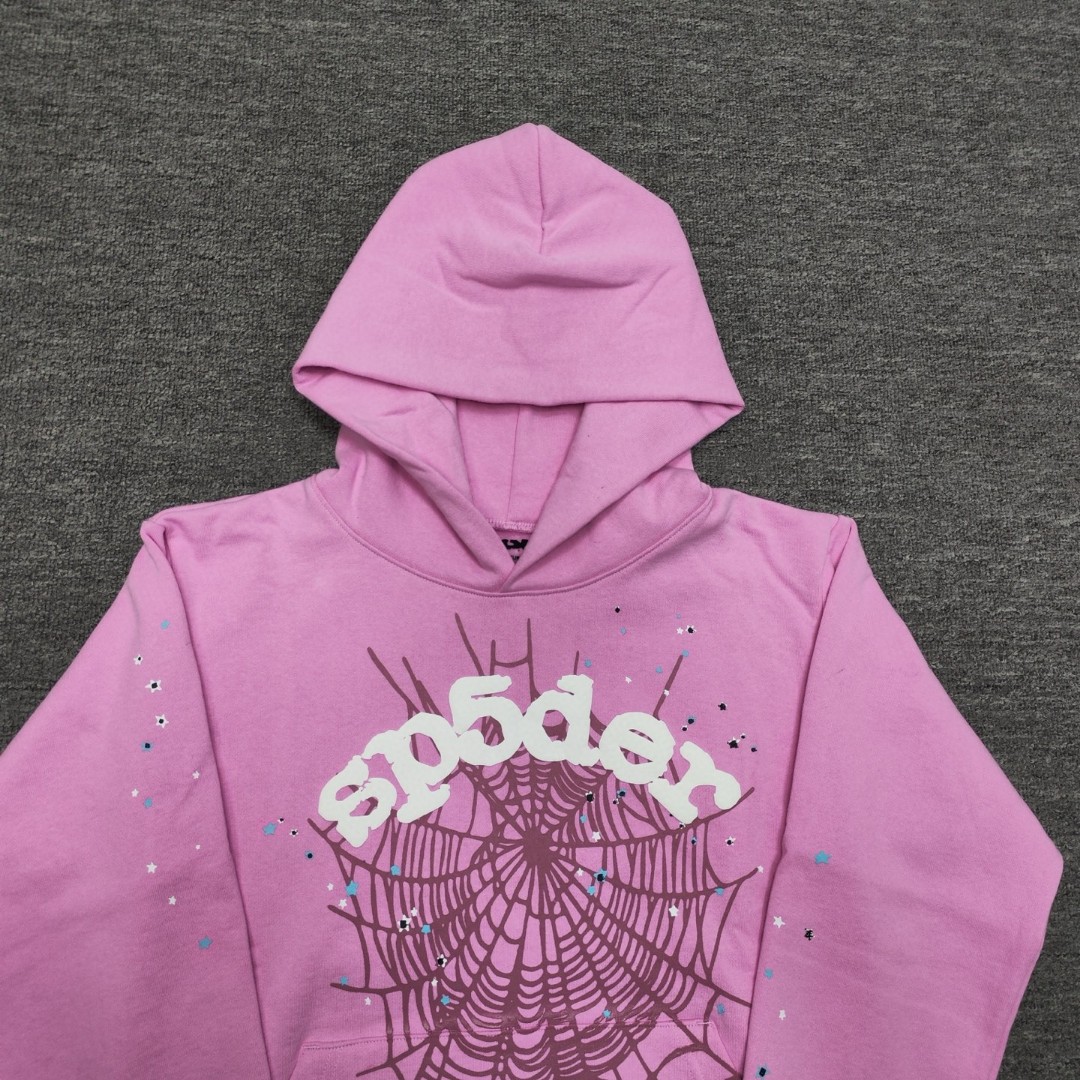 Sp5der 白色Sp5der字母 星星蜘蛛网套头连帽卫衣 外套 粉色 B0 