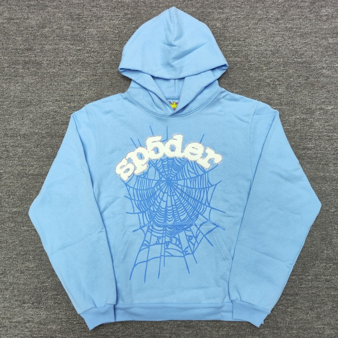 Sp5der 白色Sp5der字母 蜘蛛网套头连帽卫衣 外套 浅蓝色 B0 