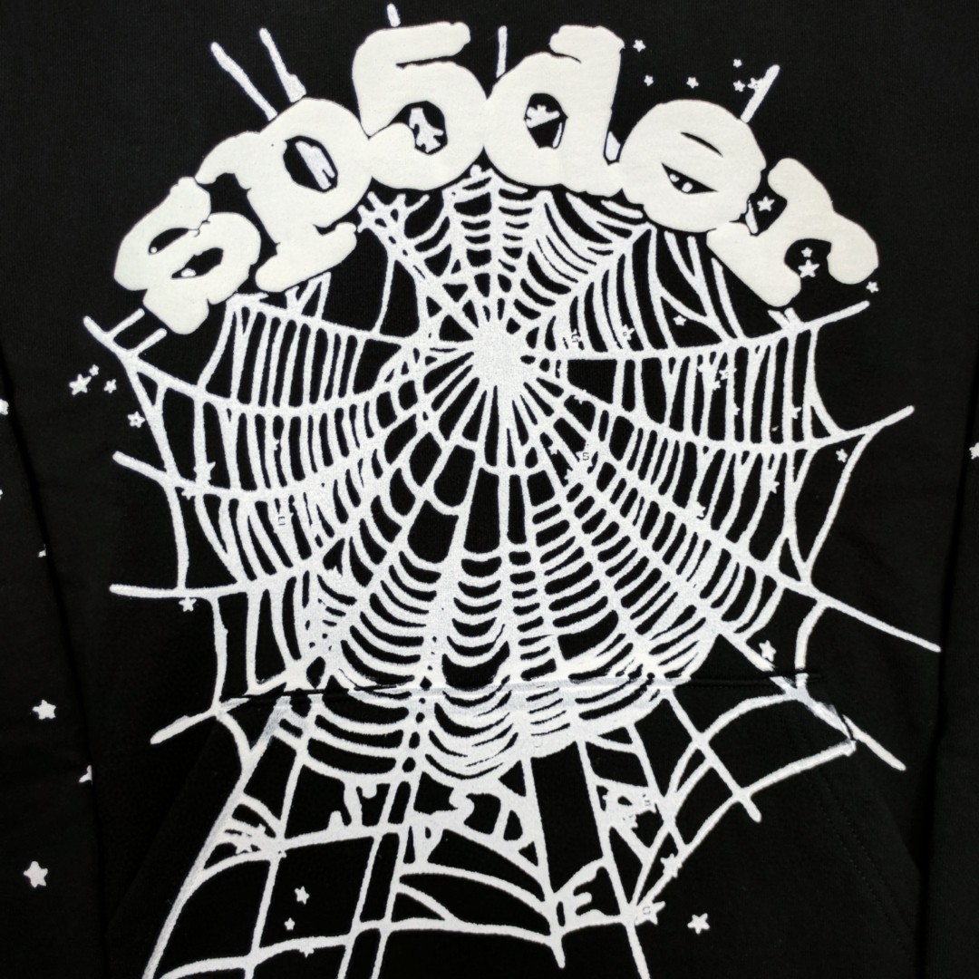 Sp5der 白色Sp5der字母 星星蜘蛛网套头连帽卫衣 外套 黑色 B0 